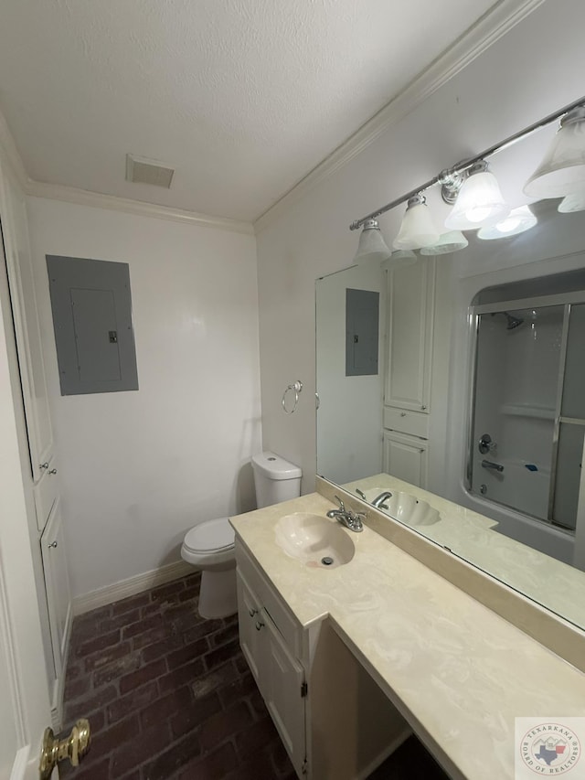 full bathroom with electric panel, vanity, crown molding, and toilet