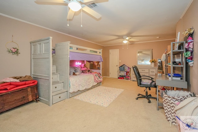 bedroom with ceiling fan, carpet flooring, and crown molding