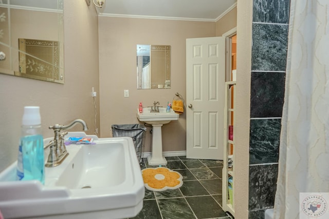 bathroom with sink, crown molding, tile patterned floors, and a shower with shower curtain