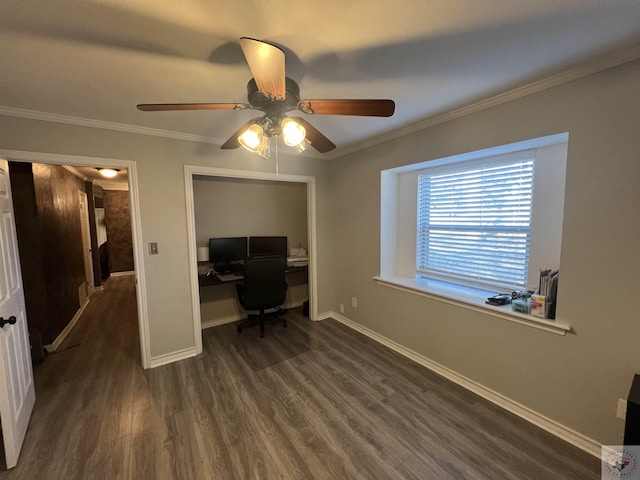 unfurnished office featuring dark hardwood / wood-style floors and ornamental molding