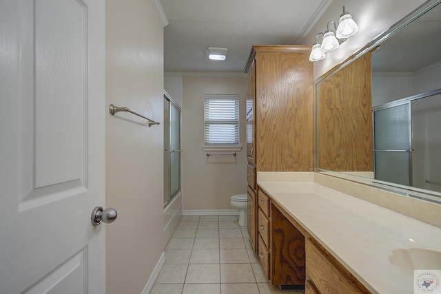 full bathroom featuring enclosed tub / shower combo, tile patterned flooring, vanity, ornamental molding, and toilet