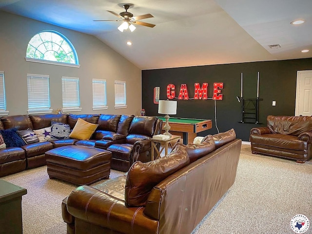 19 Hidden Valley Rd, Texarkana, TX 75501 - carpeted living room with pool table, ceiling fan, lofted ceiling, and recessed lighting