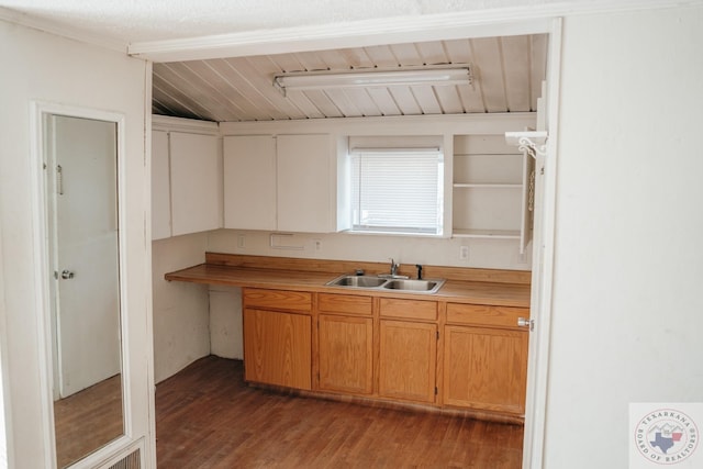 kitchen with sink, lofted ceiling with beams, and dark hardwood / wood-style floors