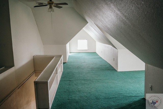 additional living space featuring carpet floors, a textured ceiling, ceiling fan, and vaulted ceiling