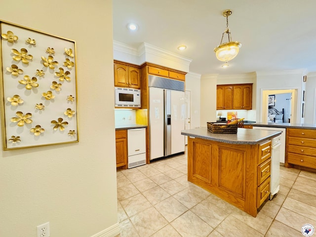 80 Tommy Hines Ln, Texarkana, TX 75501 - kitchen with white appliances, crown molding, light tile patterned floors, a kitchen island, and dark countertops
