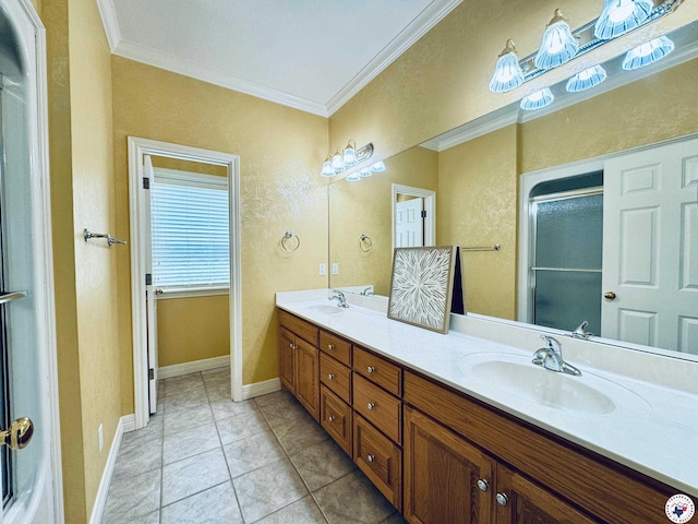 80 Tommy Hines Ln, Texarkana, TX 75501 - bathroom with double vanity, an enclosed shower, a sink, tile patterned floors, and ornamental molding