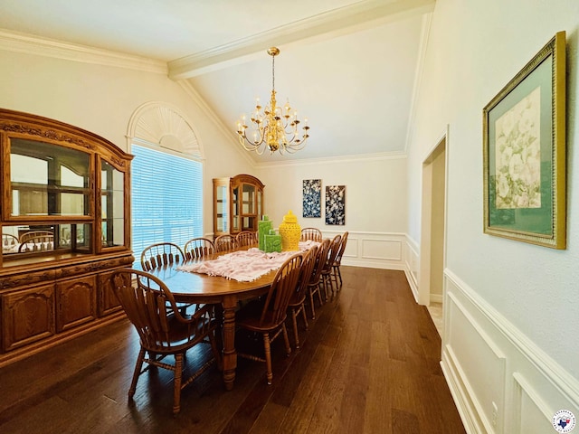 80 Tommy Hines Ln, Texarkana, TX 75501 - dining room with an inviting chandelier, dark wood finished floors, wainscoting, and lofted ceiling with beams
