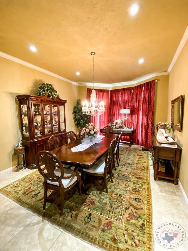 tiled dining room with crown molding, a textured ceiling, and a notable chandelier