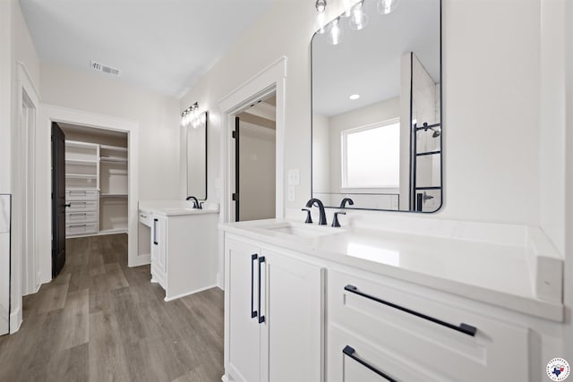 8405 Mandarin Cv, Texarkana, TX 75503 - bathroom featuring a sink, two vanities, a walk in closet, visible vents, and wood finished floors