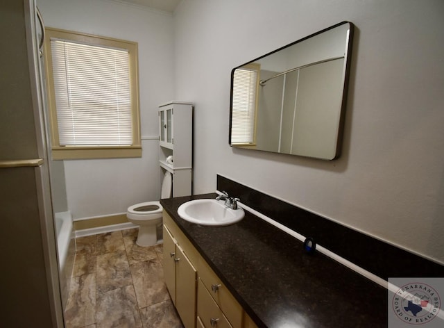 full bathroom with shower / bathtub combination, toilet, and vanity