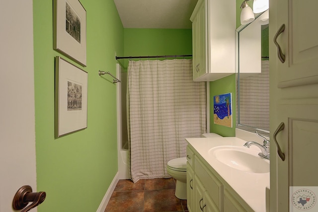 full bathroom with toilet, vanity, shower / bath combo, and tile patterned flooring