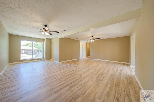 unfurnished room featuring ceiling fan, a textured ceiling, and light hardwood / wood-style flooring