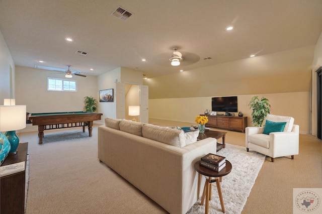 living room featuring ceiling fan, billiards, vaulted ceiling, and light carpet