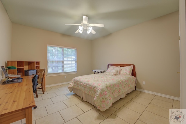 bedroom with light tile patterned floors and ceiling fan