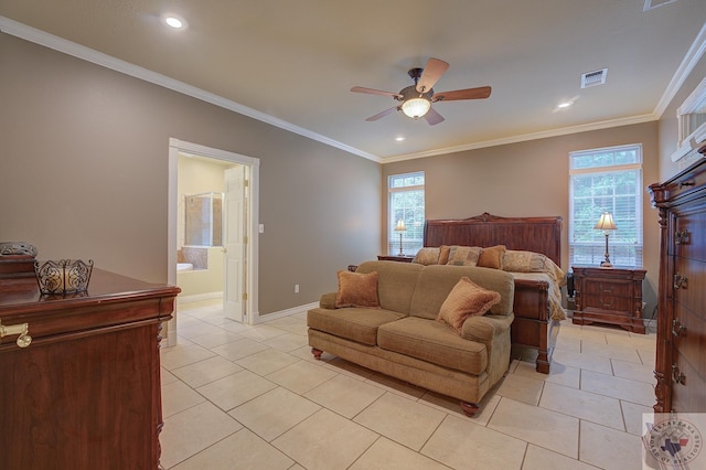 tiled bedroom with ceiling fan, ensuite bathroom, and crown molding