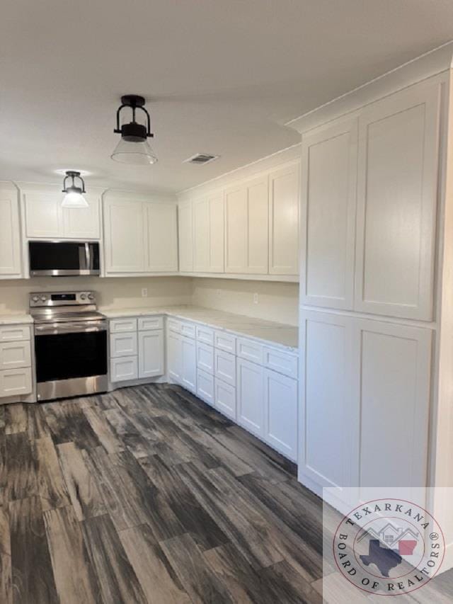 kitchen with white cabinets, dark hardwood / wood-style flooring, and stainless steel appliances