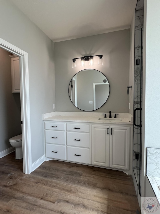 bathroom featuring vanity, toilet, and wood-type flooring