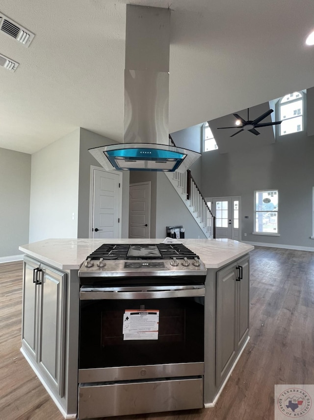 kitchen featuring light wood-type flooring, a center island, stainless steel range with gas stovetop, and a healthy amount of sunlight