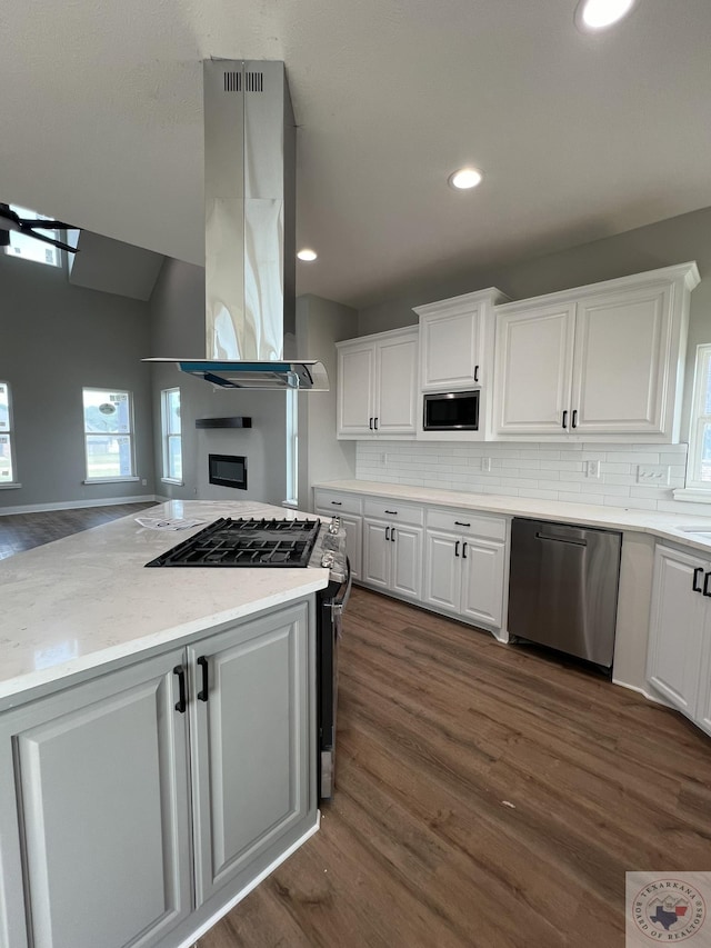 kitchen featuring dark hardwood / wood-style flooring, appliances with stainless steel finishes, white cabinetry, light stone countertops, and island range hood