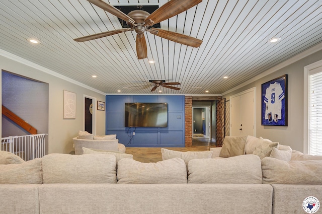 13 Timberlane St, Texarkana, TX 75501 - home theater room with a ceiling fan, crown molding, recessed lighting, and wooden ceiling
