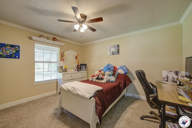 13 Timberlane St, Texarkana, TX 75501 - bedroom featuring crown molding, light colored carpet, a textured ceiling, a ceiling fan, and an office area