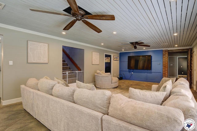 13 Timberlane St, Texarkana, TX 75501 - living area with ceiling fan, wooden ceiling, recessed lighting, crown molding, and concrete flooring