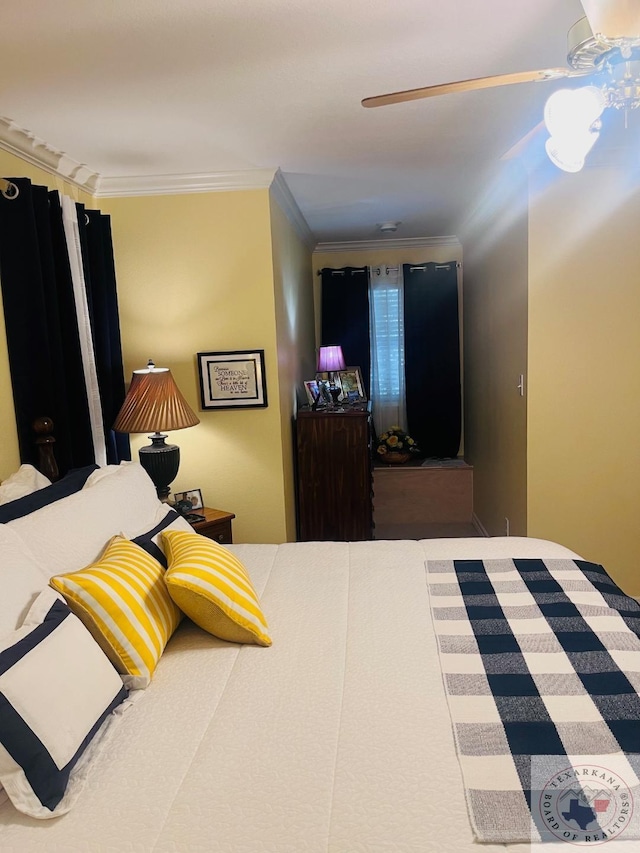 bedroom featuring ceiling fan and ornamental molding