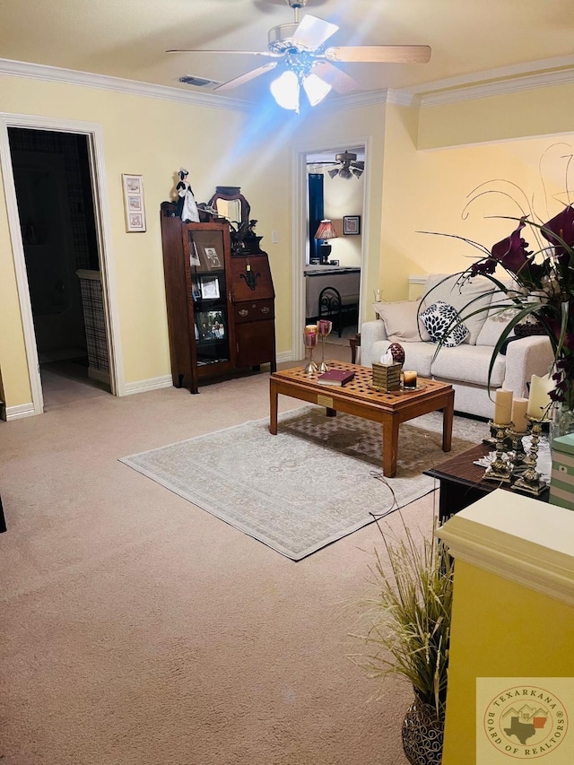 interior space featuring crown molding and ceiling fan