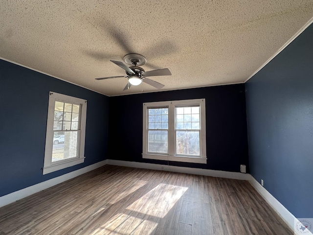 spare room featuring wood-type flooring, a textured ceiling, and a wealth of natural light