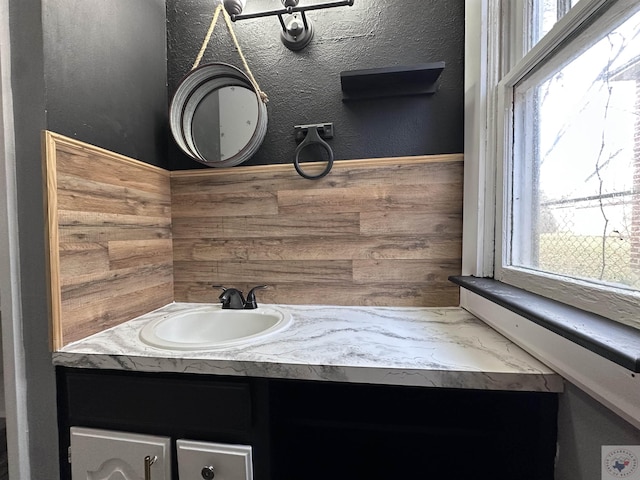 bathroom with vanity, wood walls, and plenty of natural light