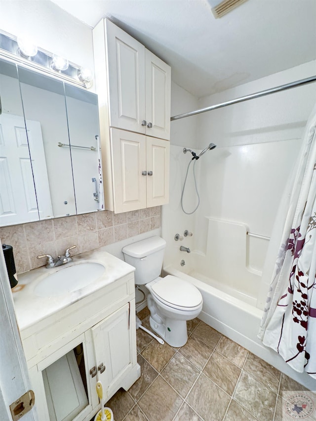 full bathroom with vanity, shower / bathtub combination with curtain, tasteful backsplash, and toilet