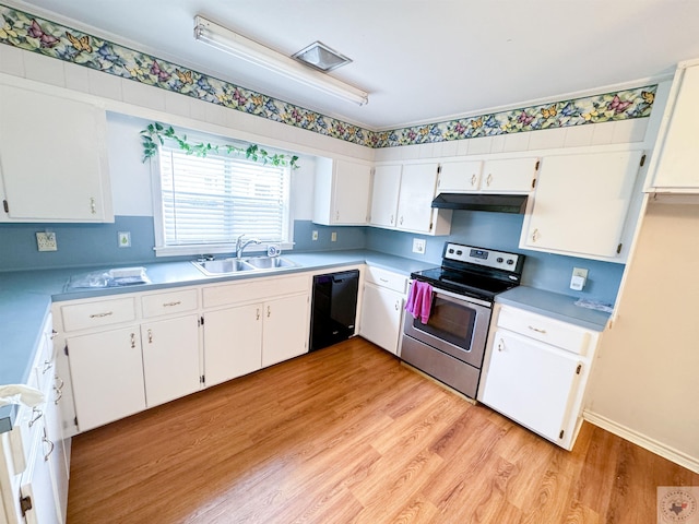 kitchen featuring dishwasher, white cabinetry, sink, stainless steel electric range oven, and light wood-type flooring