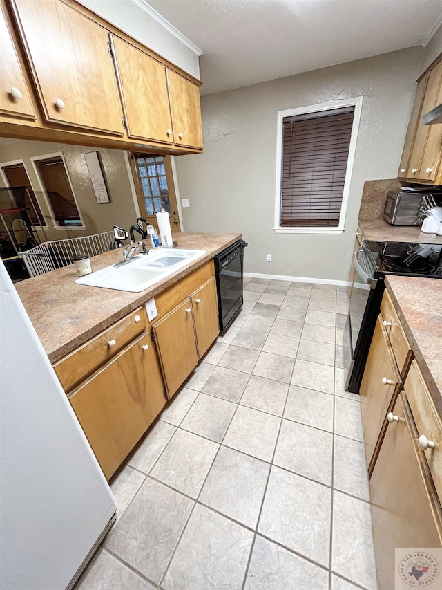 kitchen featuring light tile patterned flooring, sink, and black appliances