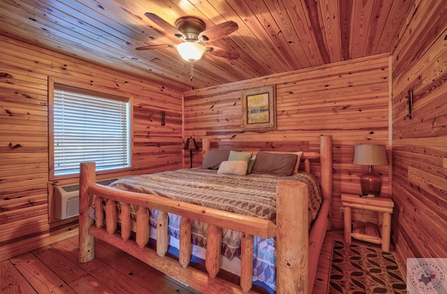 bedroom with wood-type flooring, wooden ceiling, and ceiling fan