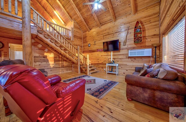 living room featuring wood-type flooring, wood ceiling, high vaulted ceiling, beam ceiling, and wood walls