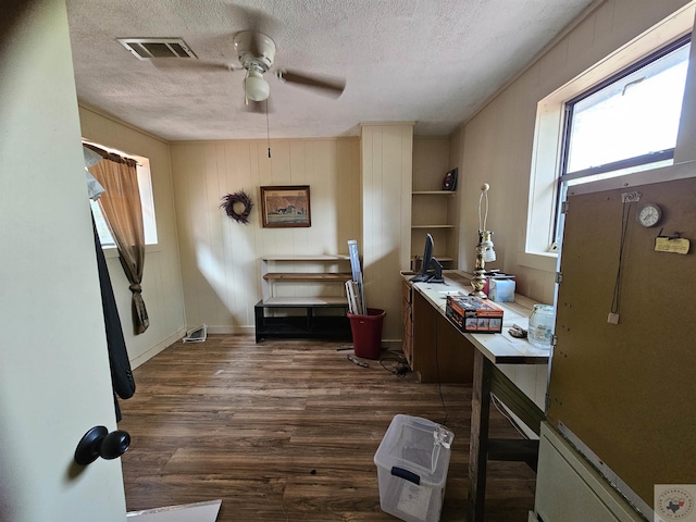 interior space with ceiling fan, a textured ceiling, and dark hardwood / wood-style flooring