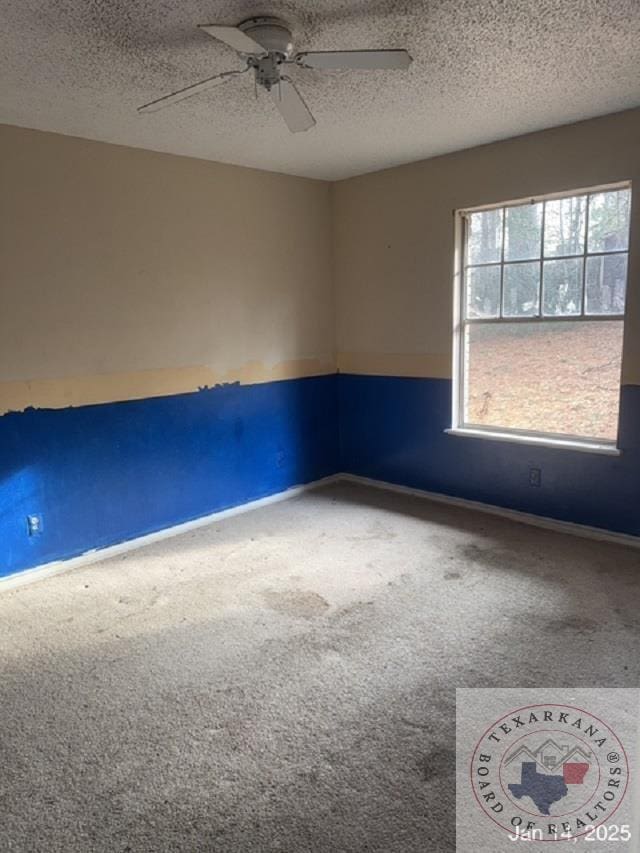 spare room with ceiling fan, carpet flooring, and a textured ceiling