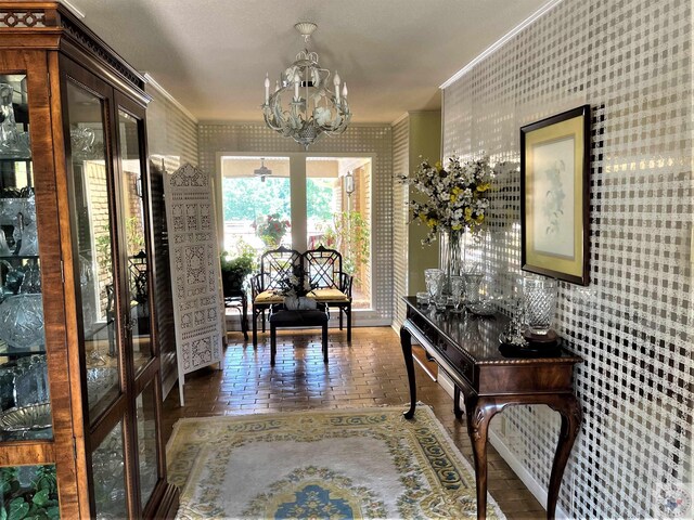 501 Park St, Atlanta, TX 75551 - interior space featuring brick floor, ornamental molding, and wallpapered walls