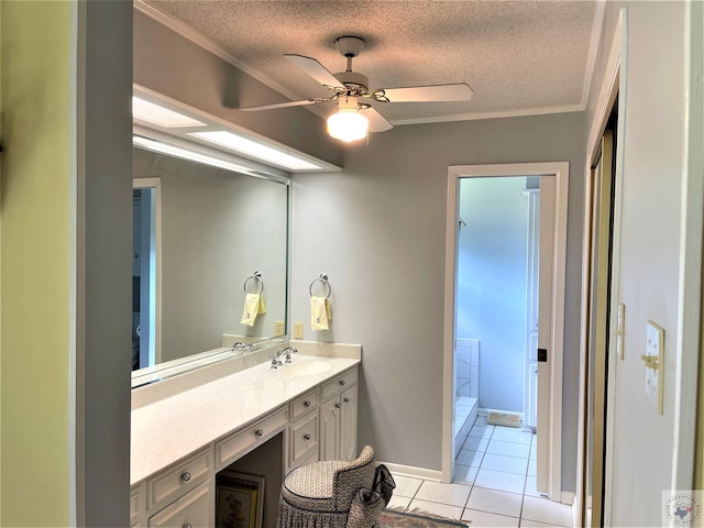 501 Park St, Atlanta, TX 75551 - full bathroom with crown molding, vanity, a textured ceiling, a walk in shower, and tile patterned floors