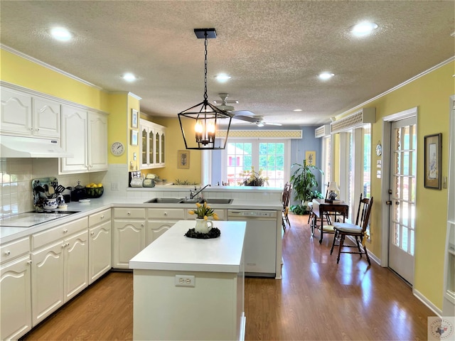 501 Park St, Atlanta, TX 75551 - kitchen with dishwasher, a peninsula, black electric stovetop, under cabinet range hood, and a sink