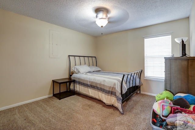 carpeted bedroom featuring electric panel, a textured ceiling, and baseboards