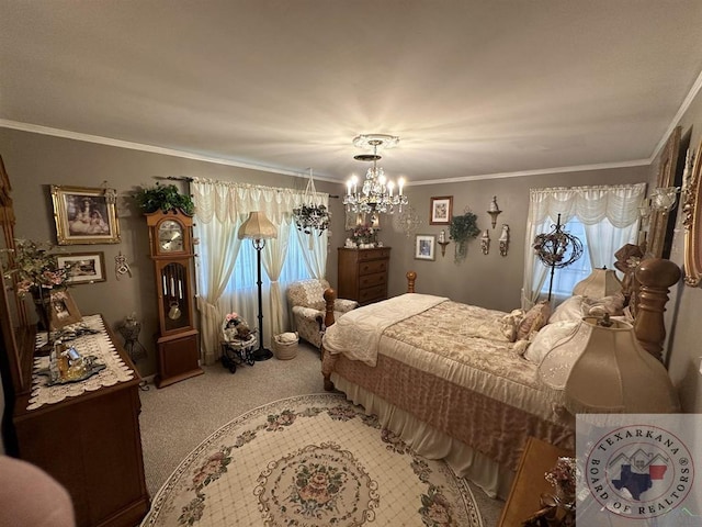 carpeted bedroom featuring a chandelier and ornamental molding