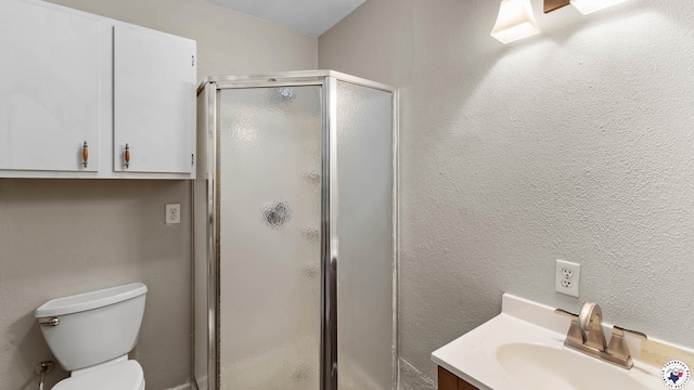 bathroom with vanity, a stall shower, and toilet
