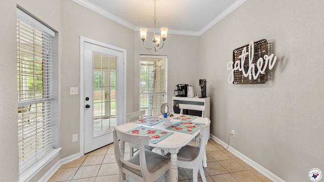 dining area featuring crown molding, light tile patterned flooring, baseboards, and an inviting chandelier
