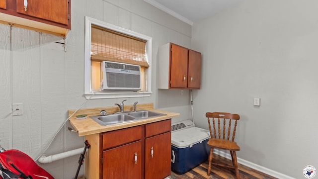 kitchen featuring dark wood-style flooring, a sink, light countertops, baseboards, and ornamental molding