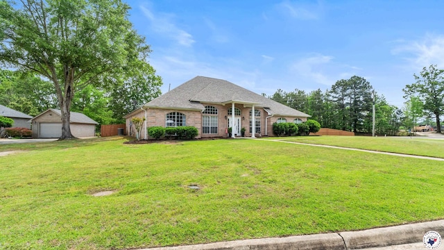 french country home with fence, roof with shingles, a front lawn, brick siding, and a detached garage