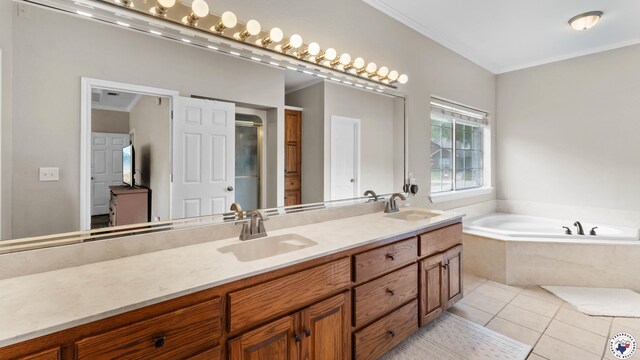 full bathroom with a sink, double vanity, a shower stall, and a bath