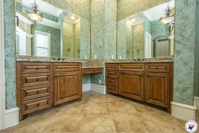 full bathroom featuring crown molding, a sink, and two vanities