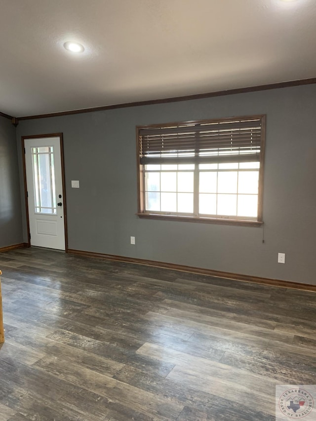 empty room featuring a wealth of natural light, ornamental molding, and dark hardwood / wood-style floors