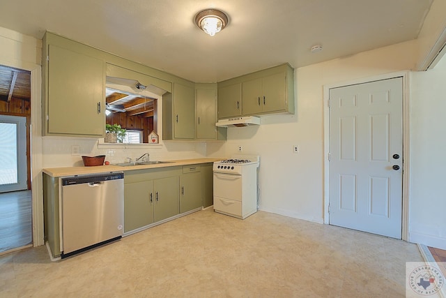 kitchen with sink, gas range gas stove, green cabinetry, and stainless steel dishwasher